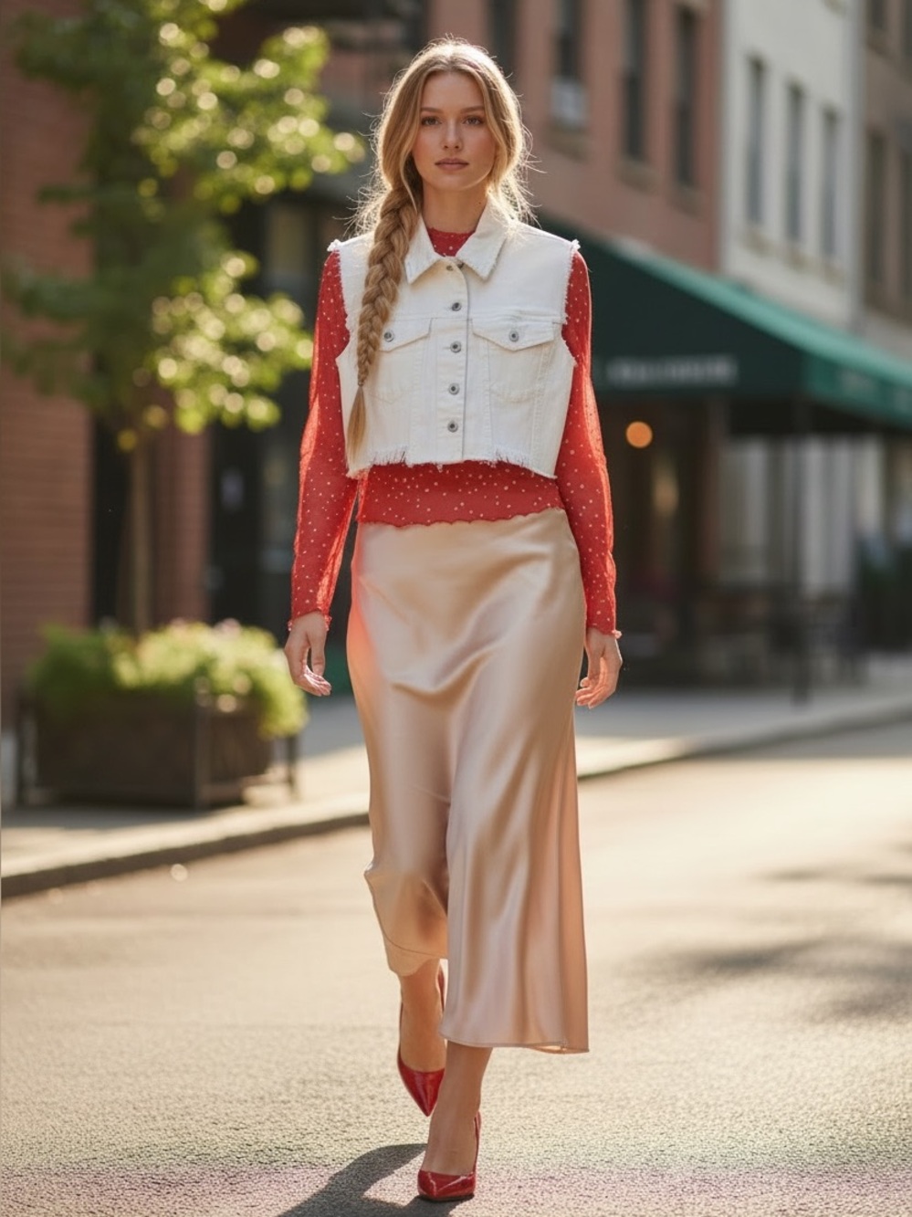 228 • White Cropped Denim Vest and Red Polka Dot Mesh Top Set